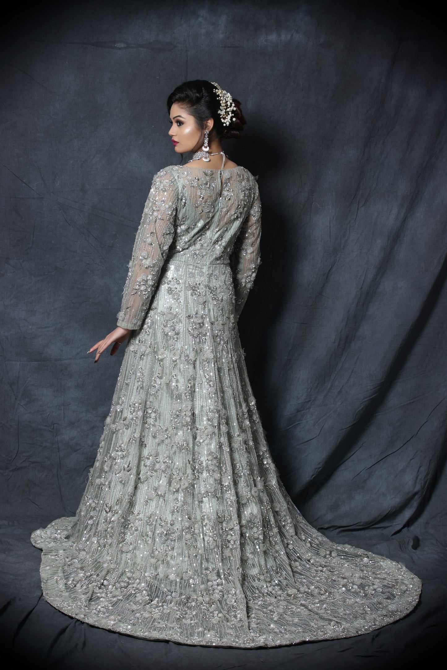 Ruffled Neck Trail Gown - ICE BLUE