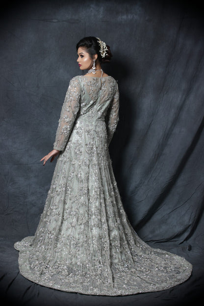 Ruffled Neck Trail Gown - ICE BLUE