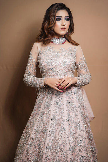 Crop Top And Skirt With All Over Silver Embroidery - BLUSH
