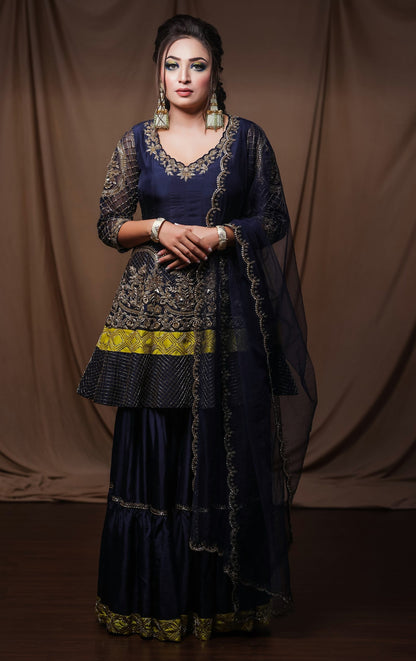 Silk Anarkali With Sharara - NAVY BLUE