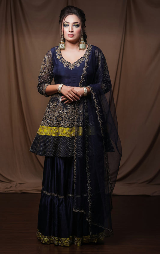 Silk Anarkali With Sharara - NAVY BLUE