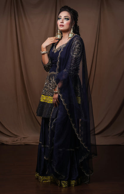 Silk Anarkali With Sharara - NAVY BLUE