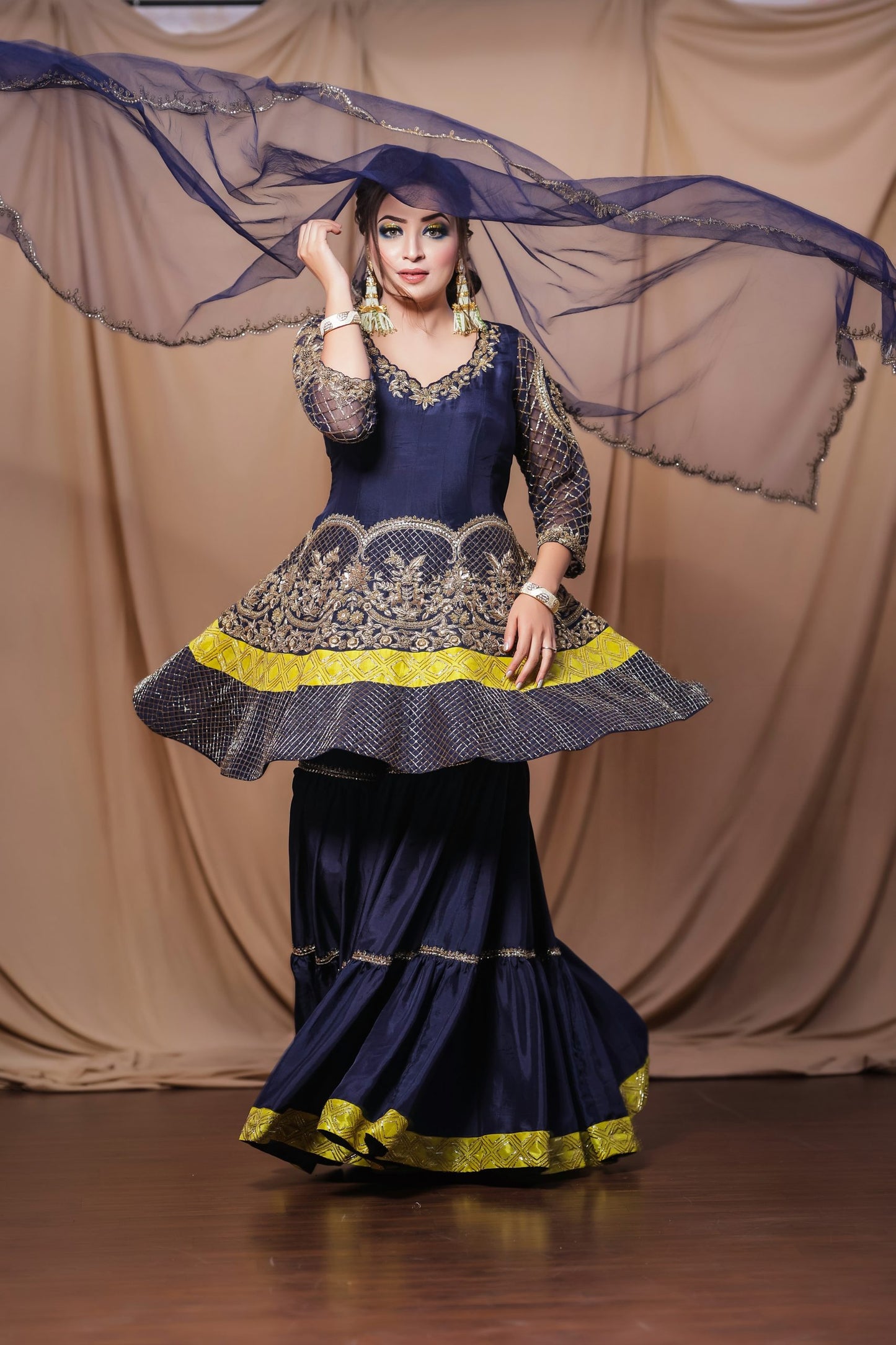 Silk Anarkali With Sharara - NAVY BLUE