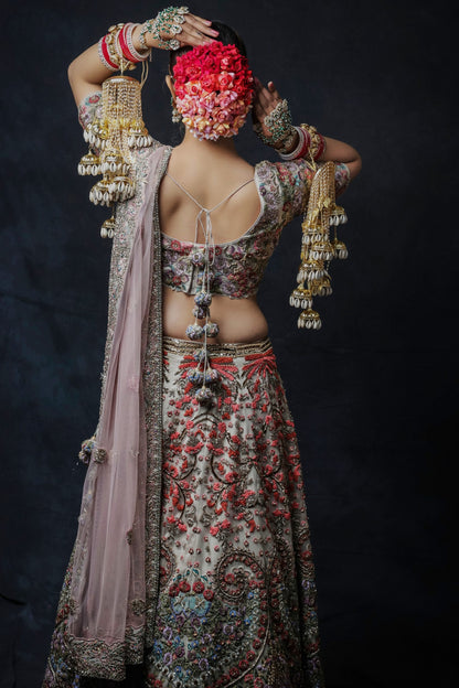 Beige Grey Multicoloured Embroidery Bridal Lehnga