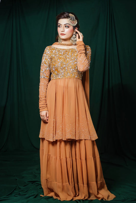 Georgette Short Anarkali With Sharara - GOLDEN