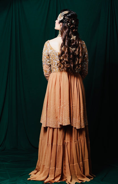 Georgette Short Anarkali With Sharara - GOLDEN