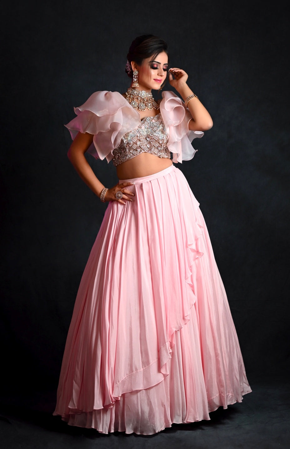 Blush Pink Ruffled Sleeve Crop Top With Chiffon Skirt