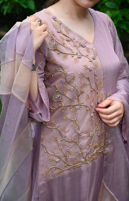 Colour Block Chiffon Suit With Dabka Embroidery