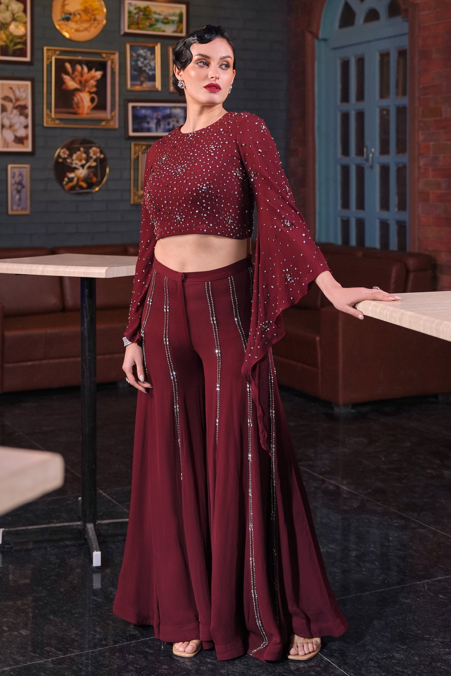 Angel Sleeves Crop Top With Flared Pants - MAROON