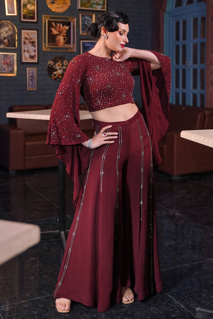 Angel Sleeves Crop Top With Flared Pants - MAROON