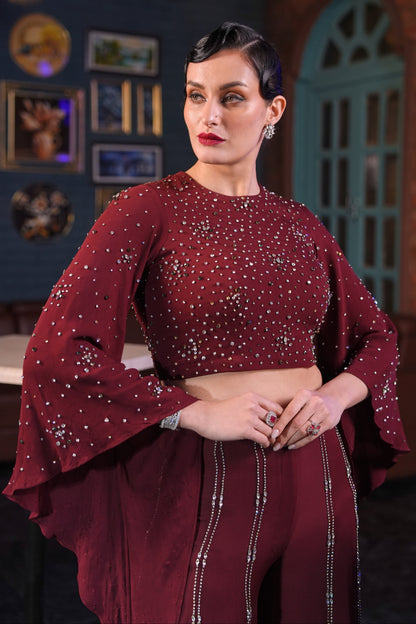 Angel Sleeves Crop Top With Flared Pants - MAROON