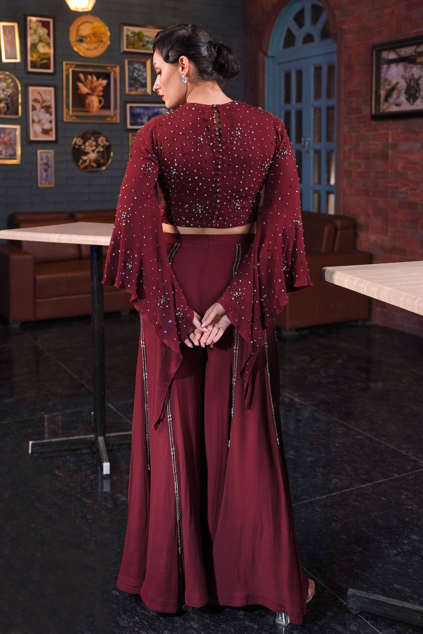 Angel Sleeves Crop Top With Flared Pants - MAROON