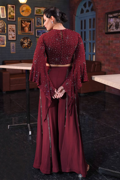 Angel Sleeves Crop Top With Flared Pants - MAROON