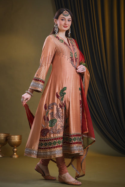 Appliqué Embroidery Kora Silk Anarkali - MOCHA