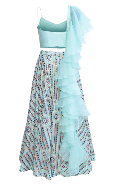 Cutdana Top With Sequin Embroidered Lehnga - AQUA