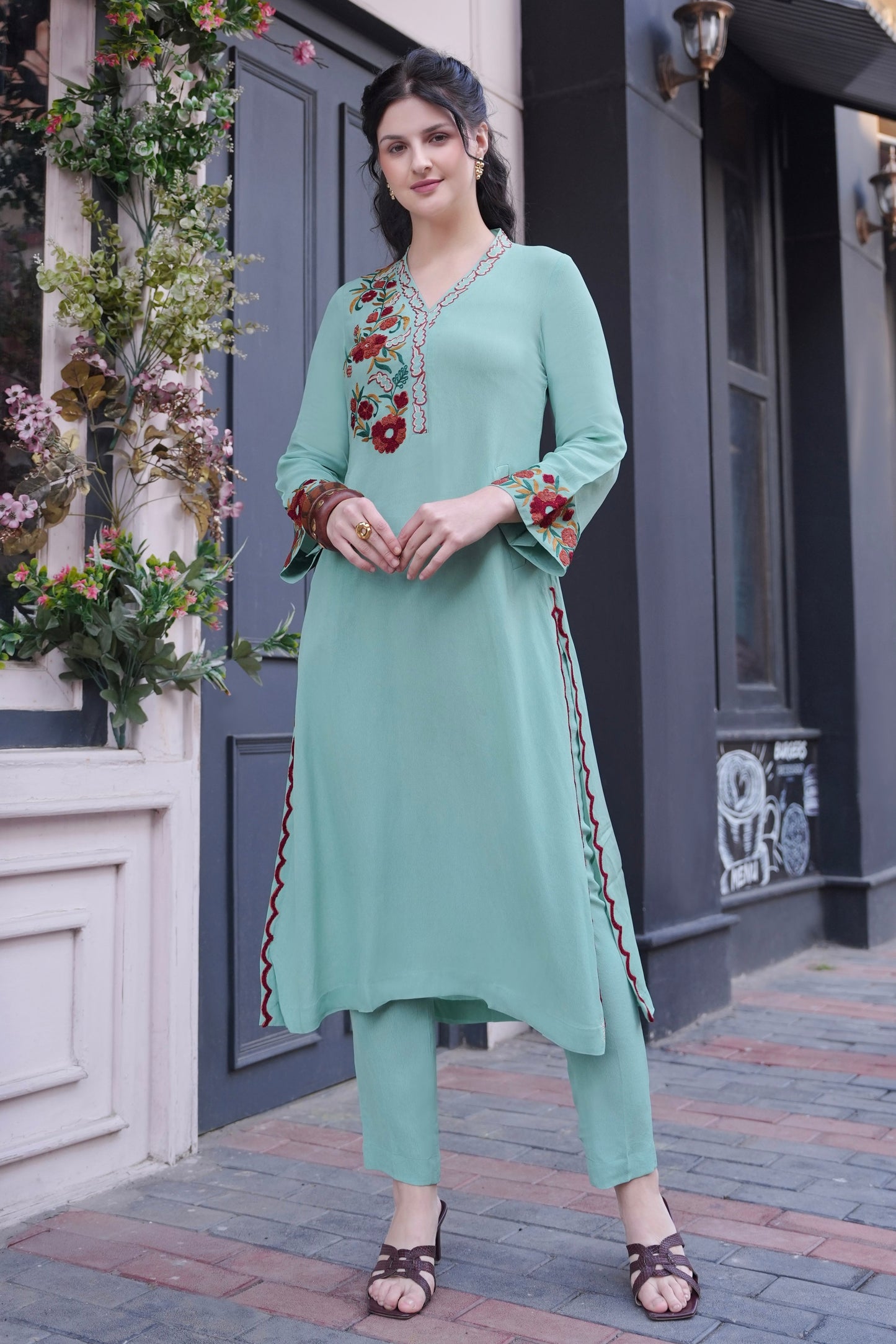 Kashmiri Emb A-line Kurta Set - AQUA MARINE