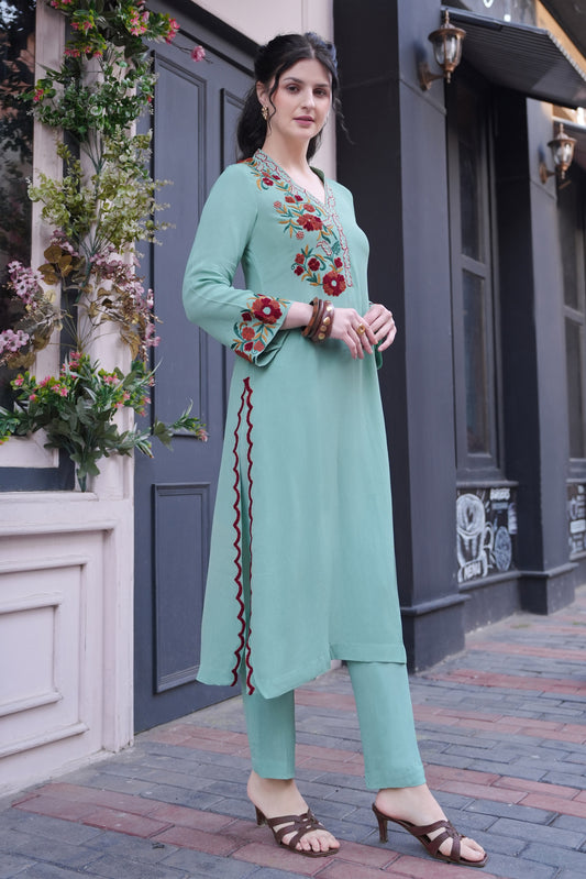 Kashmiri Emb A-line Kurta Set - AQUA MARINE