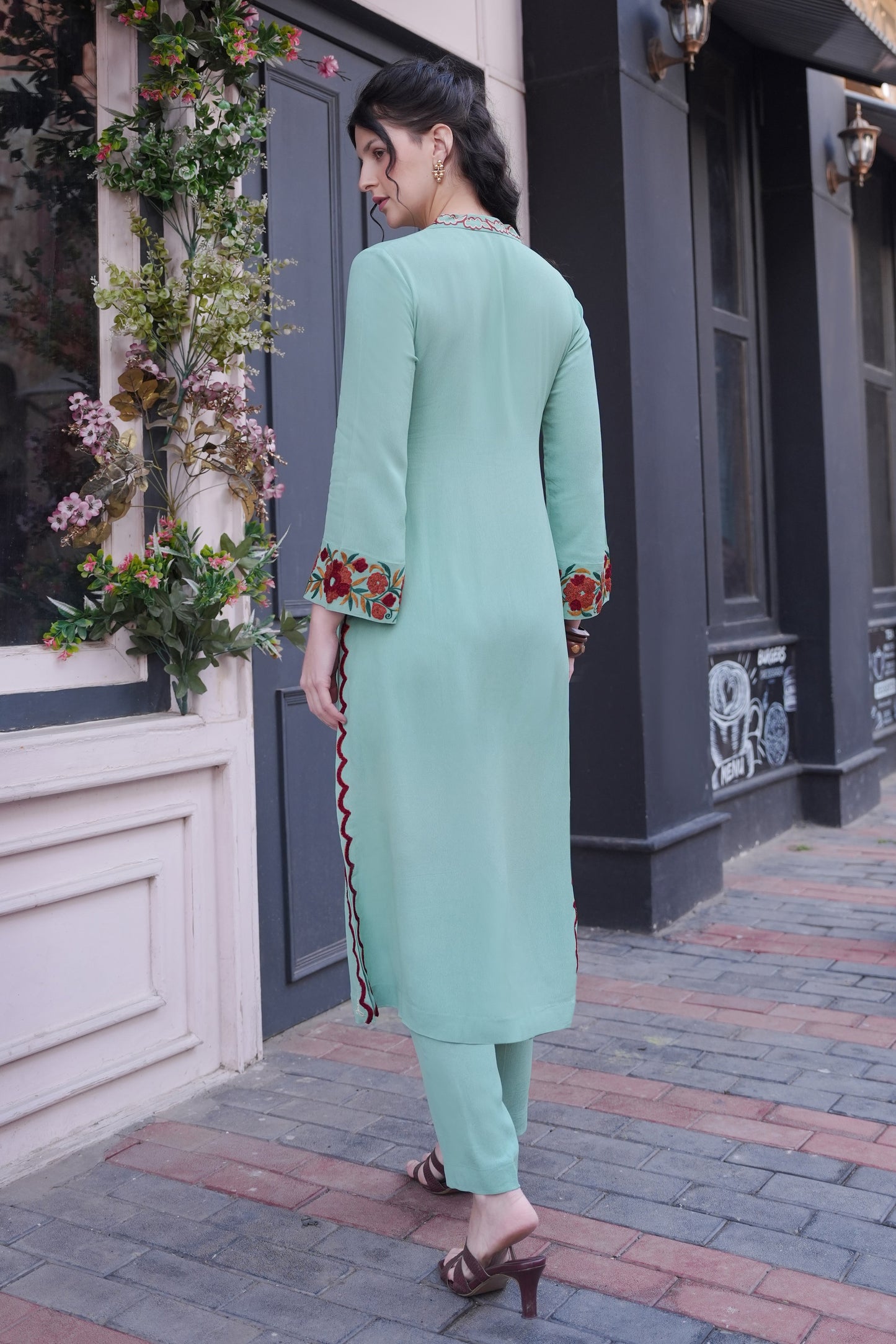 Kashmiri Emb A-line Kurta Set - AQUA MARINE
