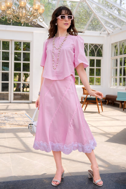 Floral Line Art Skirt Co-ord Set - BABY PINK