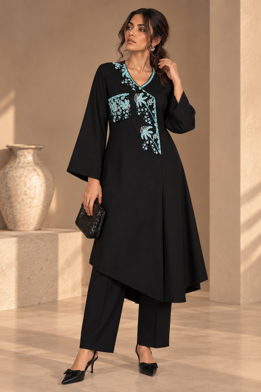 Beaded Palm Asymmetric Kurta Set - BLACK