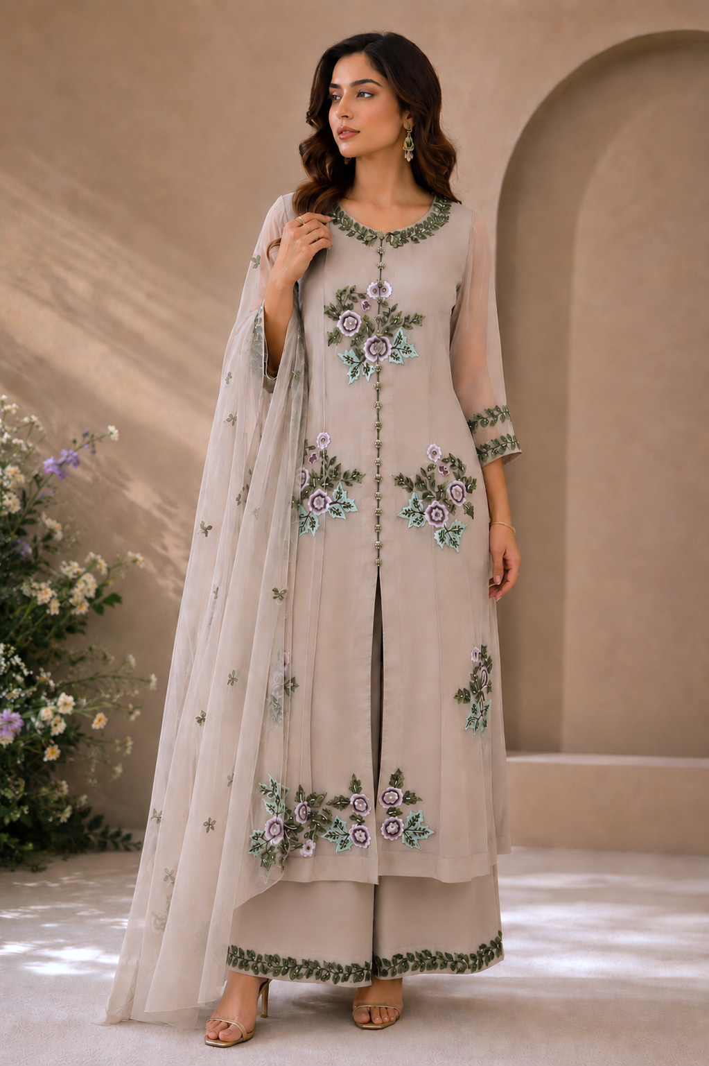 Georgette Suit With Floral Bunches - BEIGE