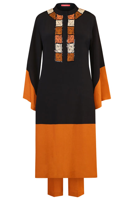 Black & Tan Colour Block Crepe kurta Set