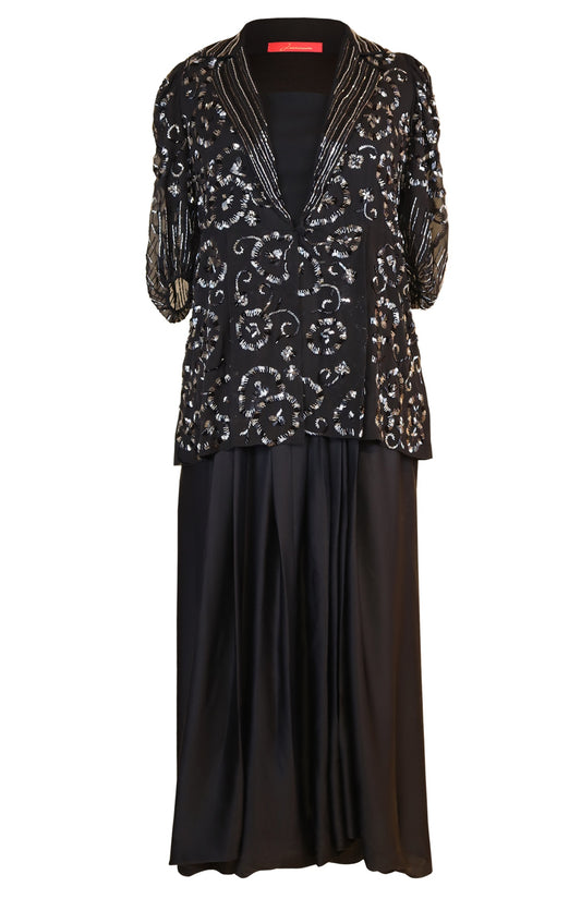 Embellished Jacket With Lungi - BLACK