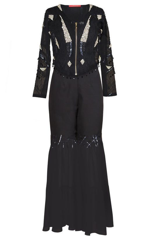Tulle Embroidered Jacket With Tiered Pants