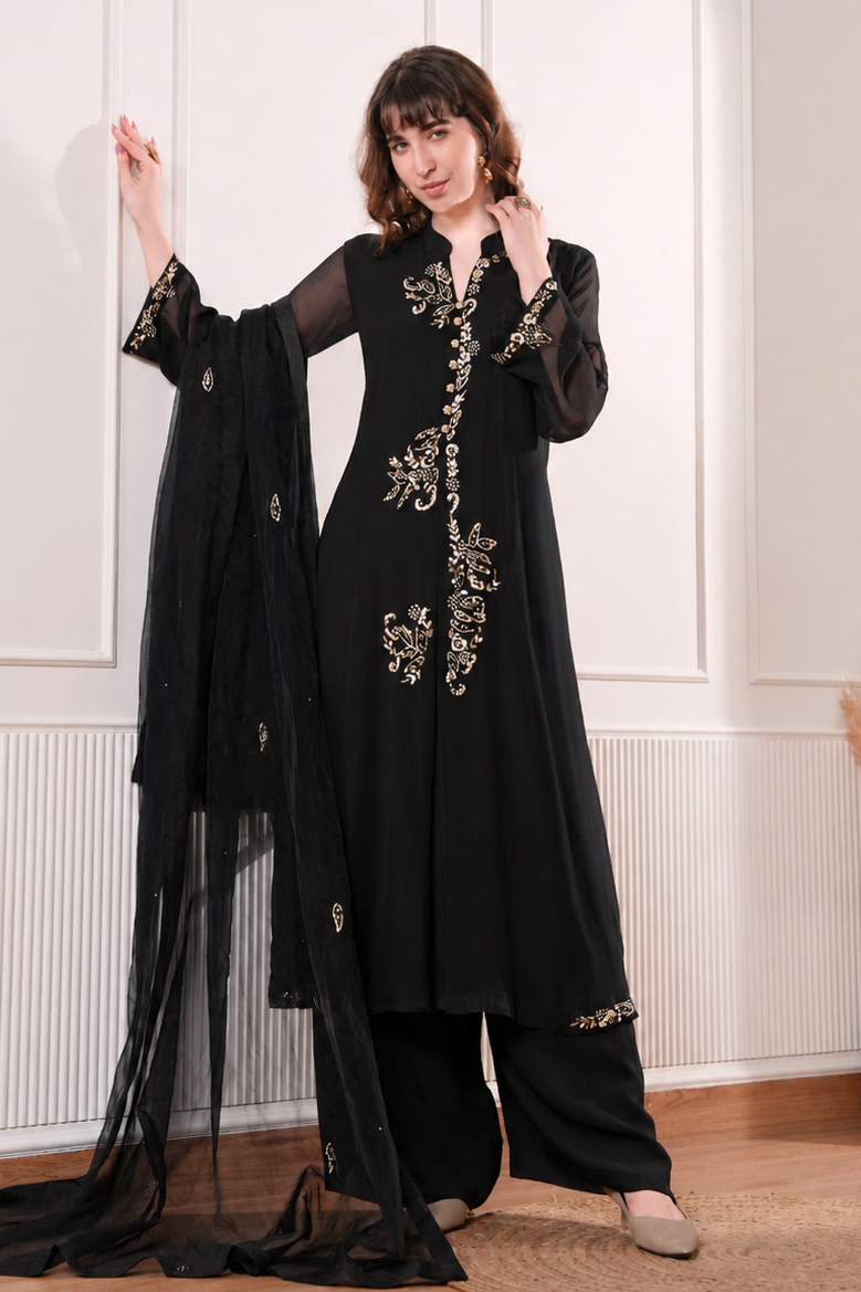 Georgette Kalidar Suit With Mukaish Embroidery - BOTTLE GREEN