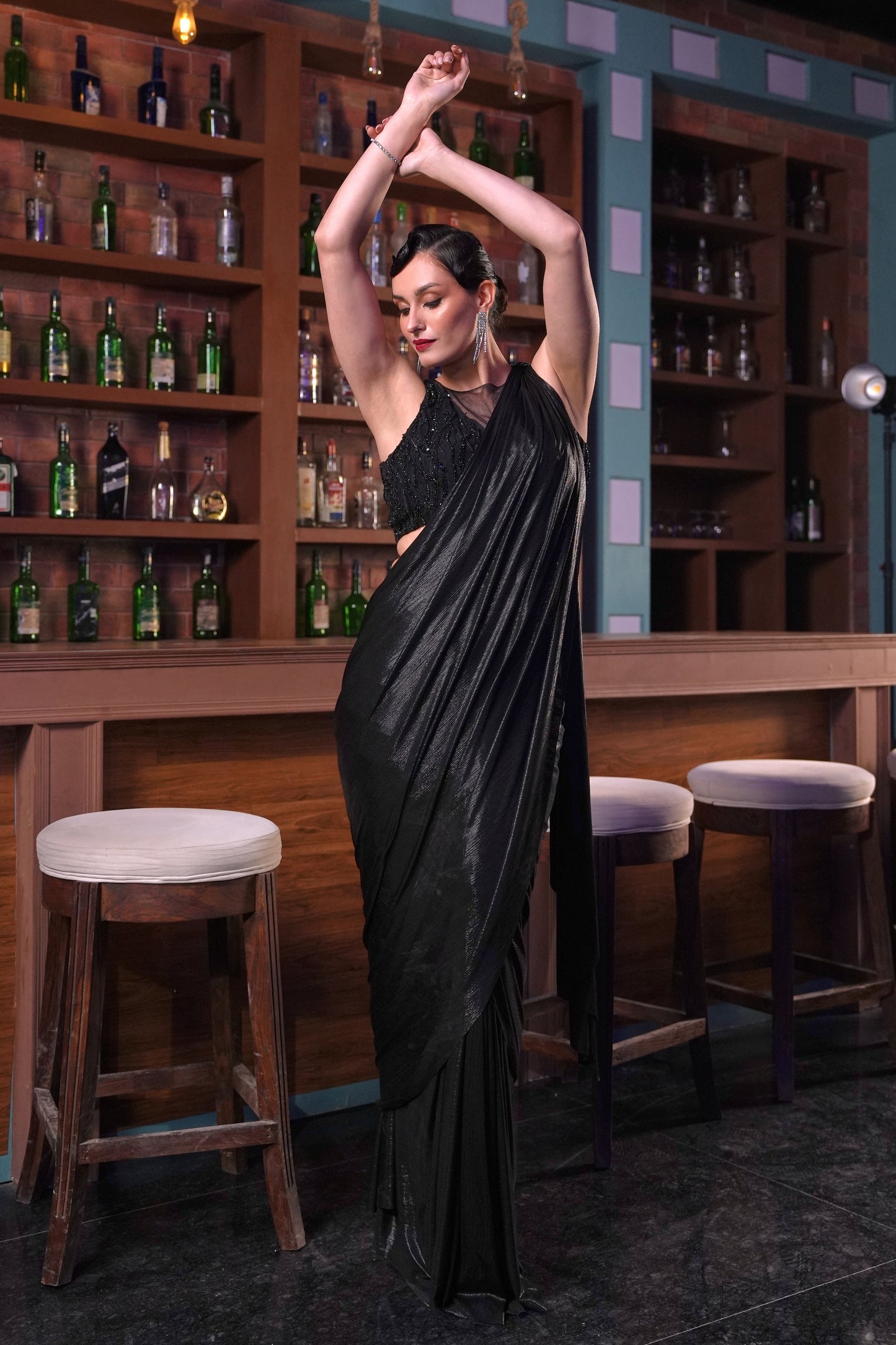 Metallic Draped Saree - BLACK