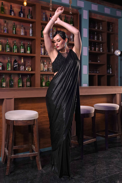 Metallic Draped Saree - BLACK
