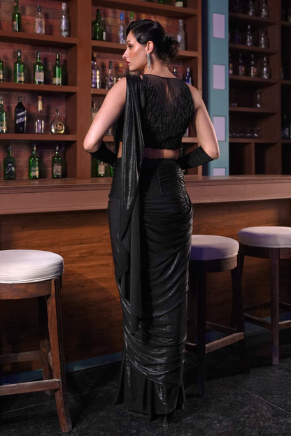 Metallic Draped Saree - BLACK