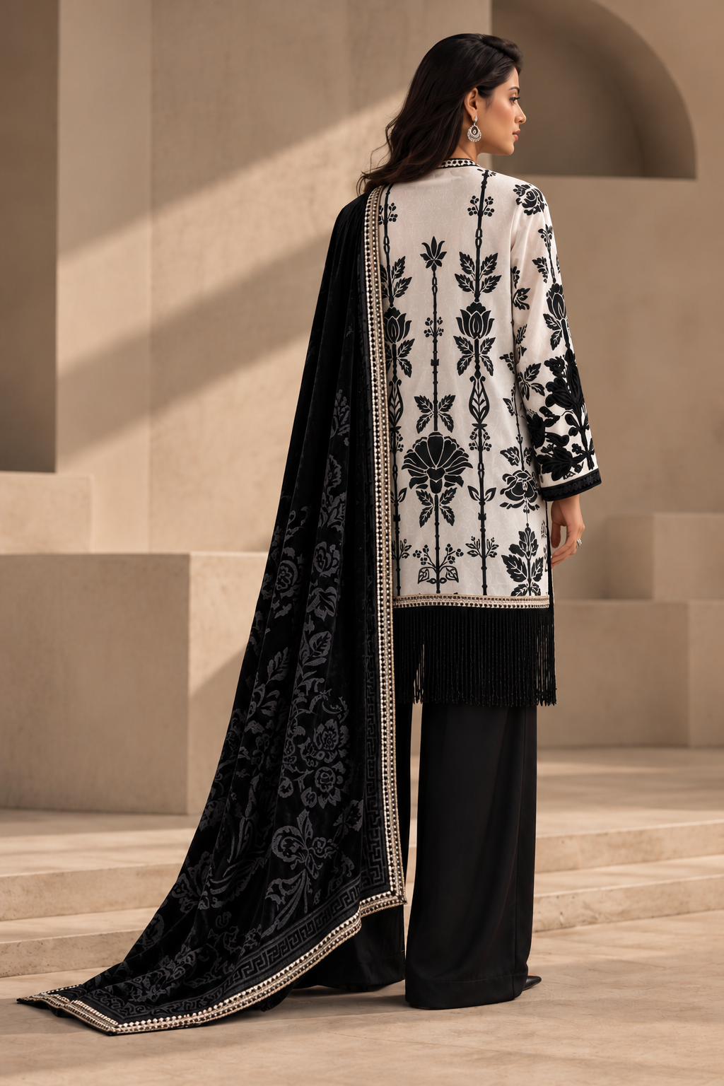 White Linen Print With Velvet Shawl