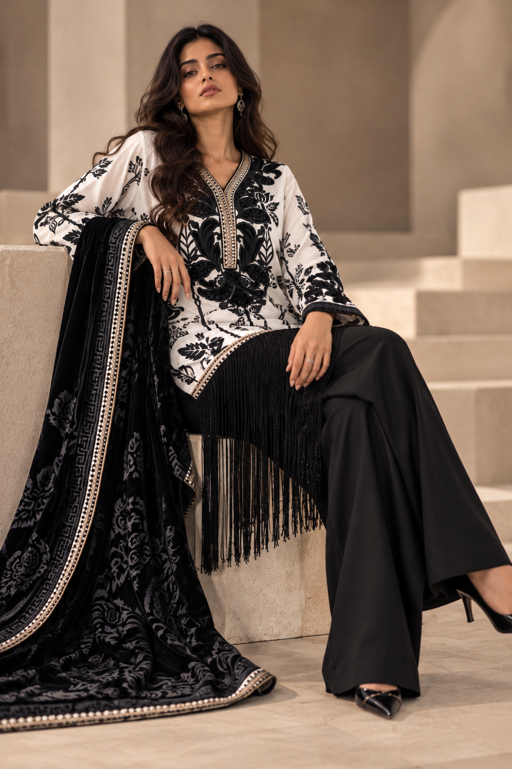 White Linen Print With Velvet Shawl