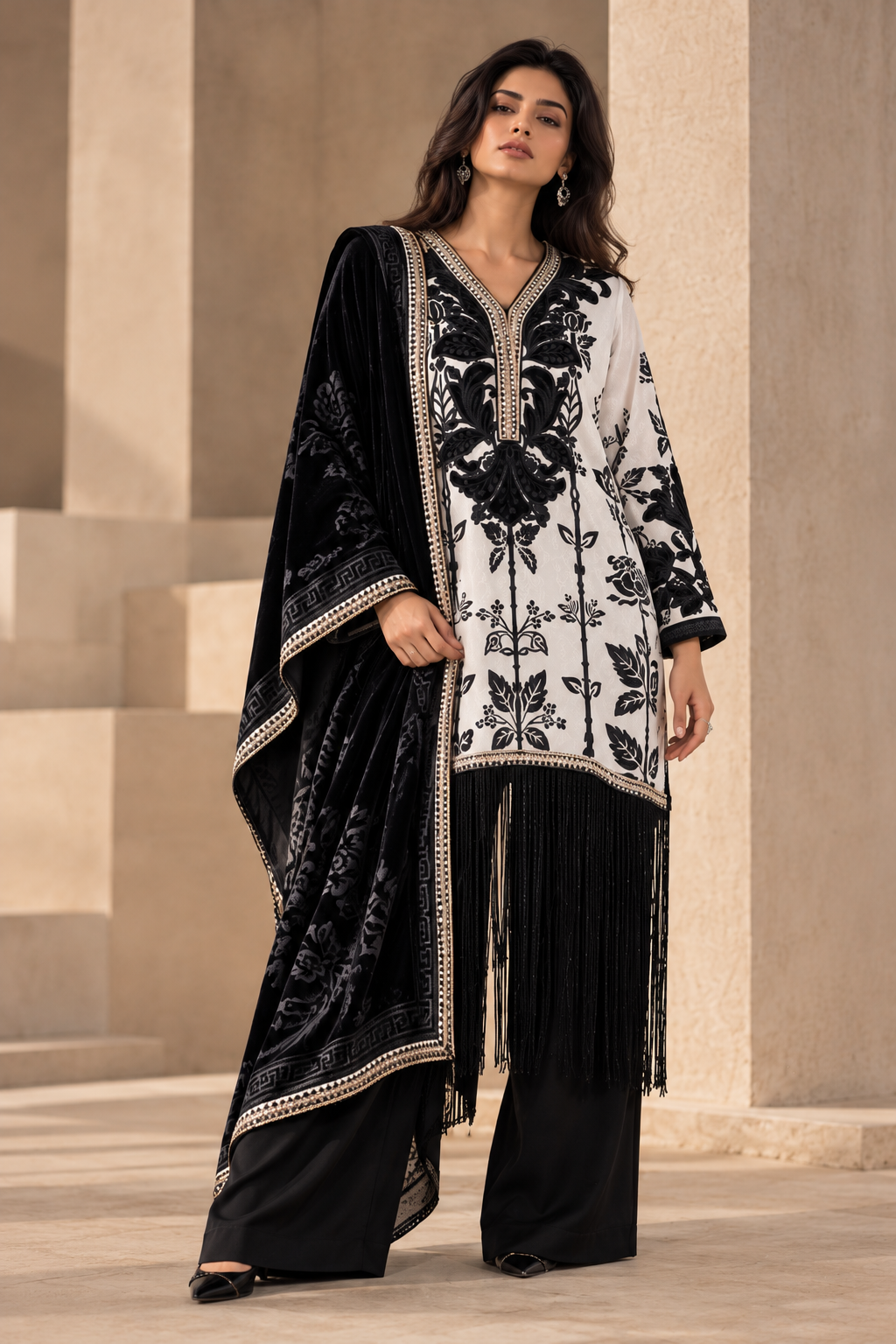 White Linen Print With Velvet Shawl