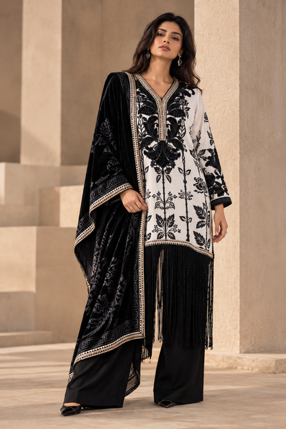 White Linen Print With Velvet Shawl