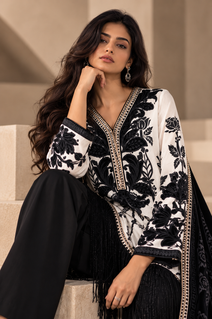 White Linen Print With Velvet Shawl