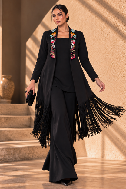 3D Floria Long Cape Co-ord Set - BLACK