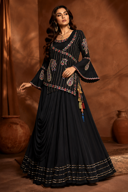 Chiffon Gown With Asymmetric Jacket - BLACK