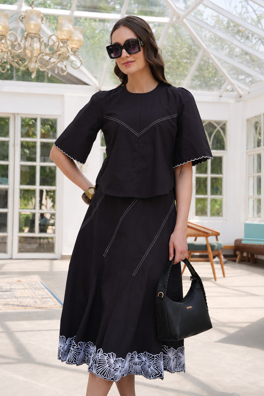 Floral Line Art Skirt Co-ord Set - BLACK