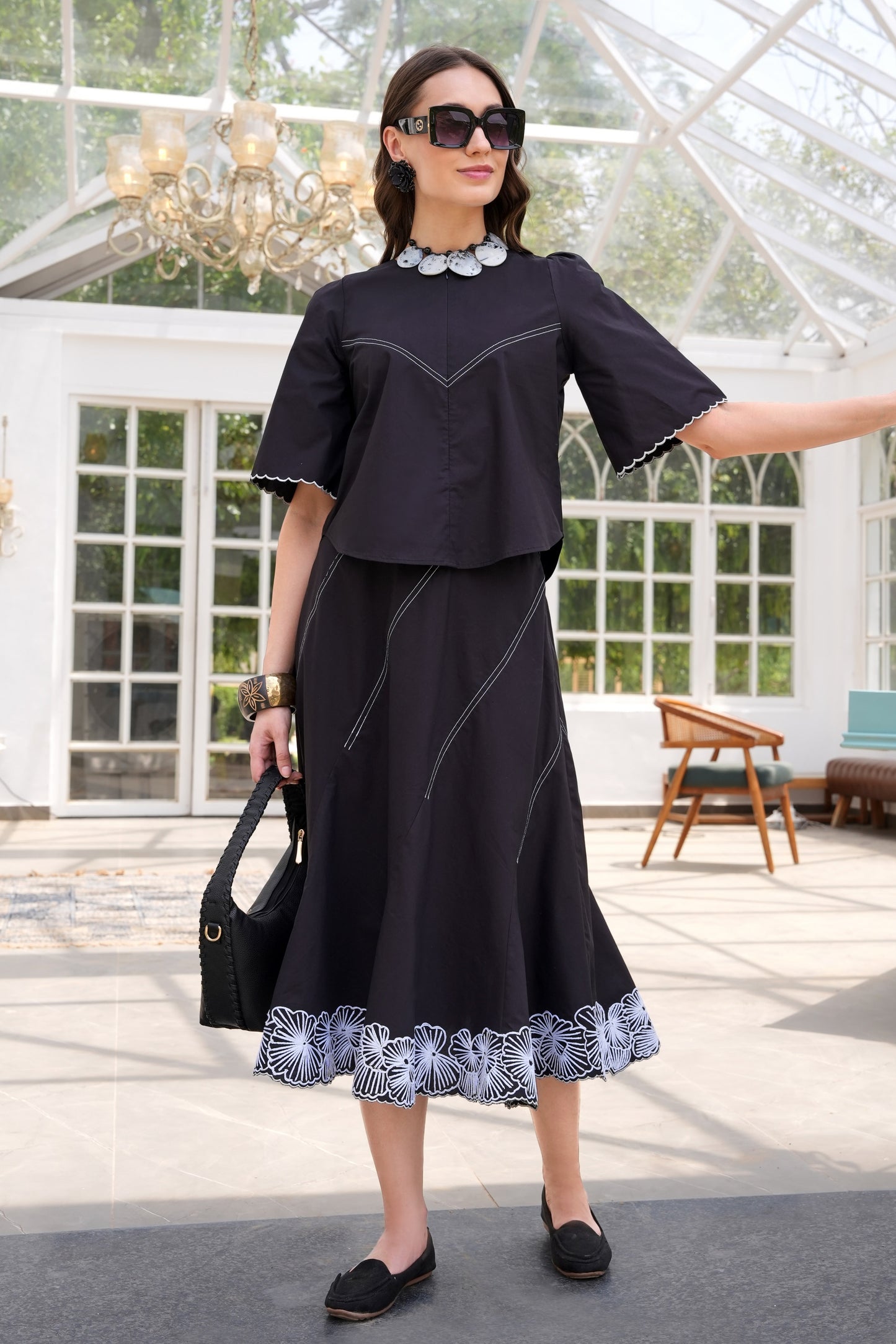 Floral Line Art Skirt Co-ord Set - BLACK
