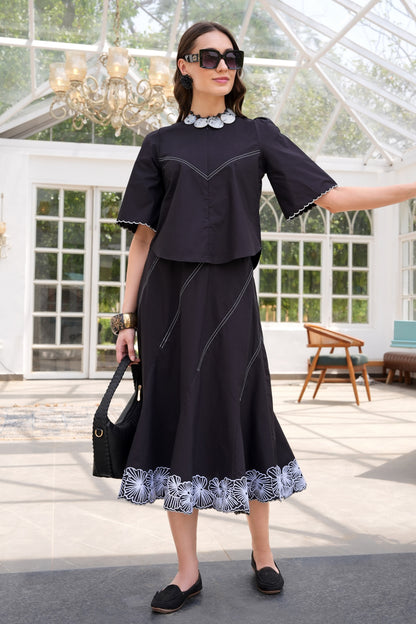 Floral Line Art Skirt Co-ord Set - BLACK