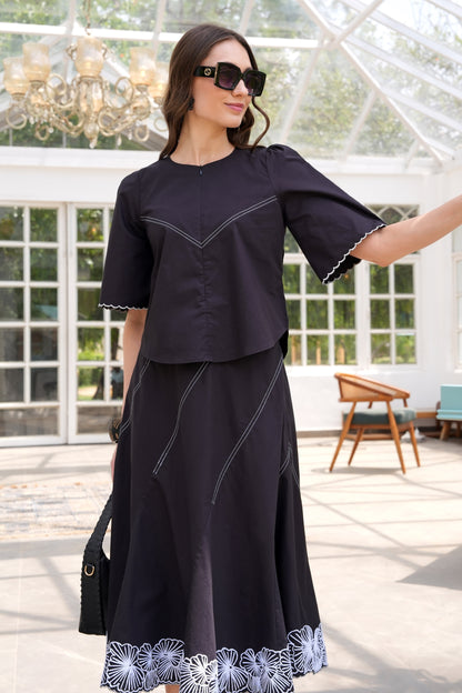Floral Line Art Skirt Co-ord Set - BLACK
