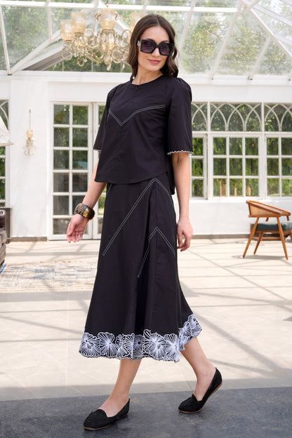 Floral Line Art Skirt Co-ord Set - BLACK