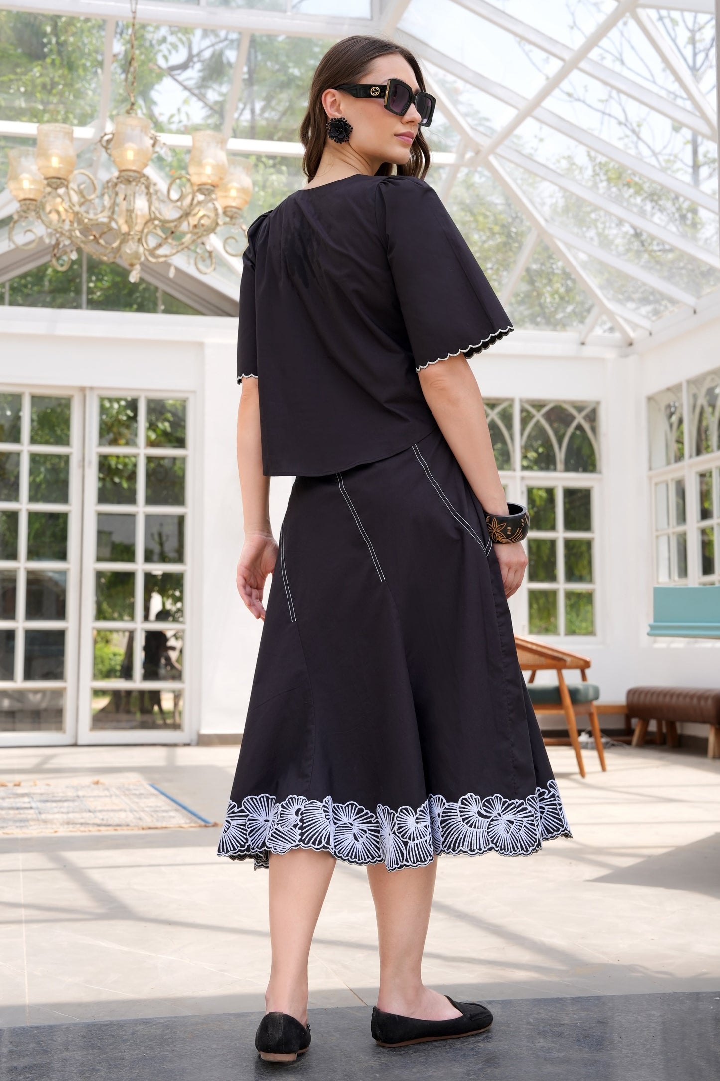 Floral Line Art Skirt Co-ord Set - BLACK