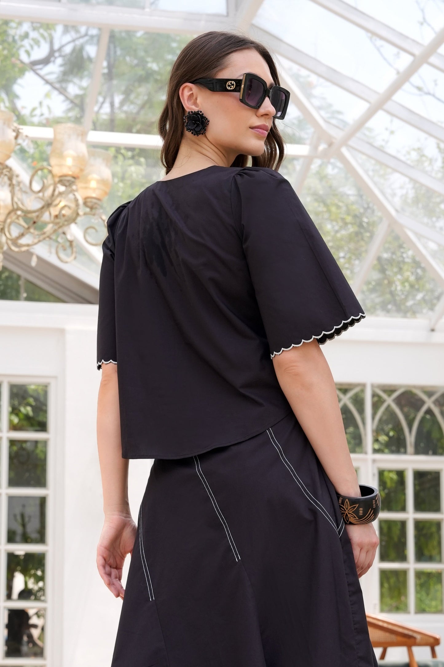 Floral Line Art Cotton Top - BLACK
