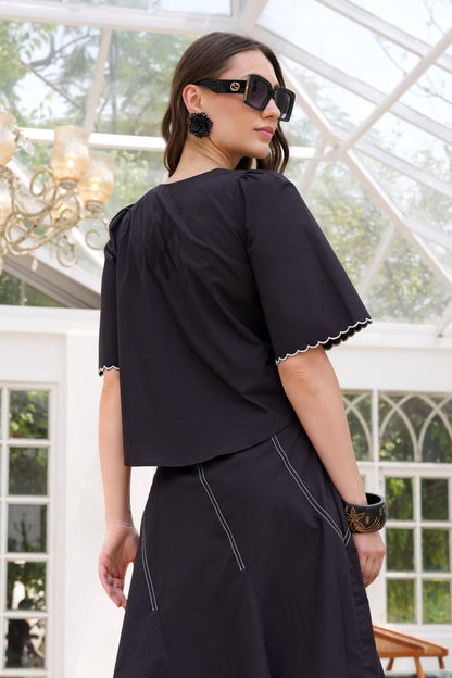 Floral Line Art Cotton Top - BLACK
