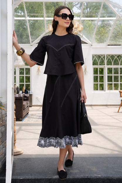 Floral Line Art Skirt Co-ord Set - BLACK