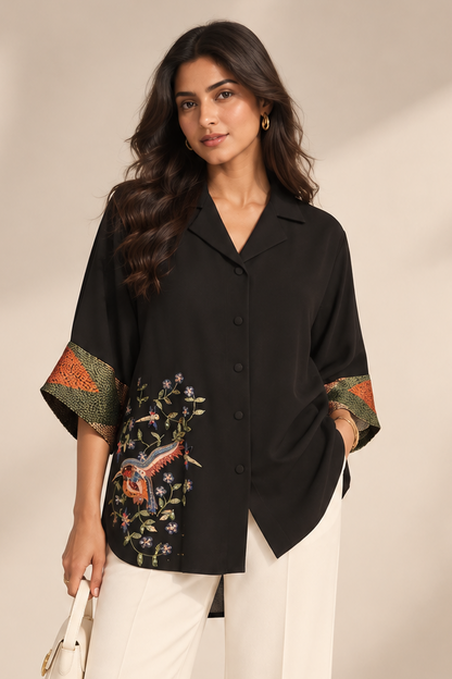 Georgette Shirt With Bird Motif