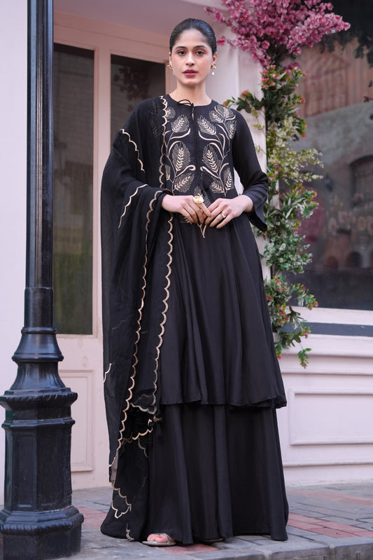 Spike Mul Short Anarkali With Sharara - BLACK